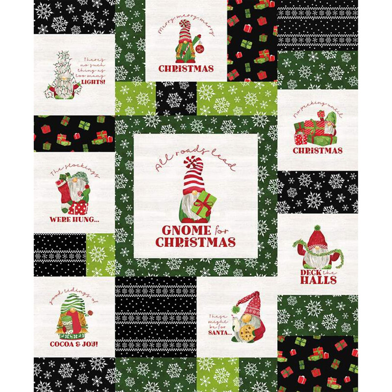 Christmas patchwork panel features cream snowflakes gnomes presents | Shabby Fabrics