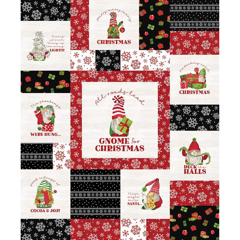 Christmas patchwork panel features cream snowflakes gnomes presents | Shabby Fabrics