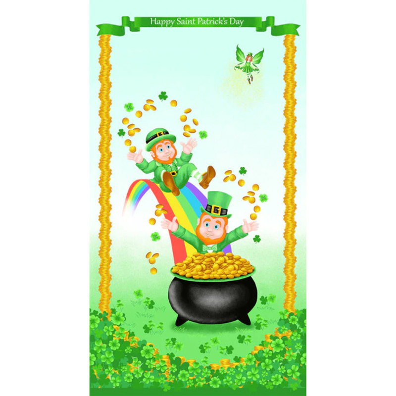 Panel of two leprechauns sliding down a rainbow into a pot of gold | Shabby Fabrics