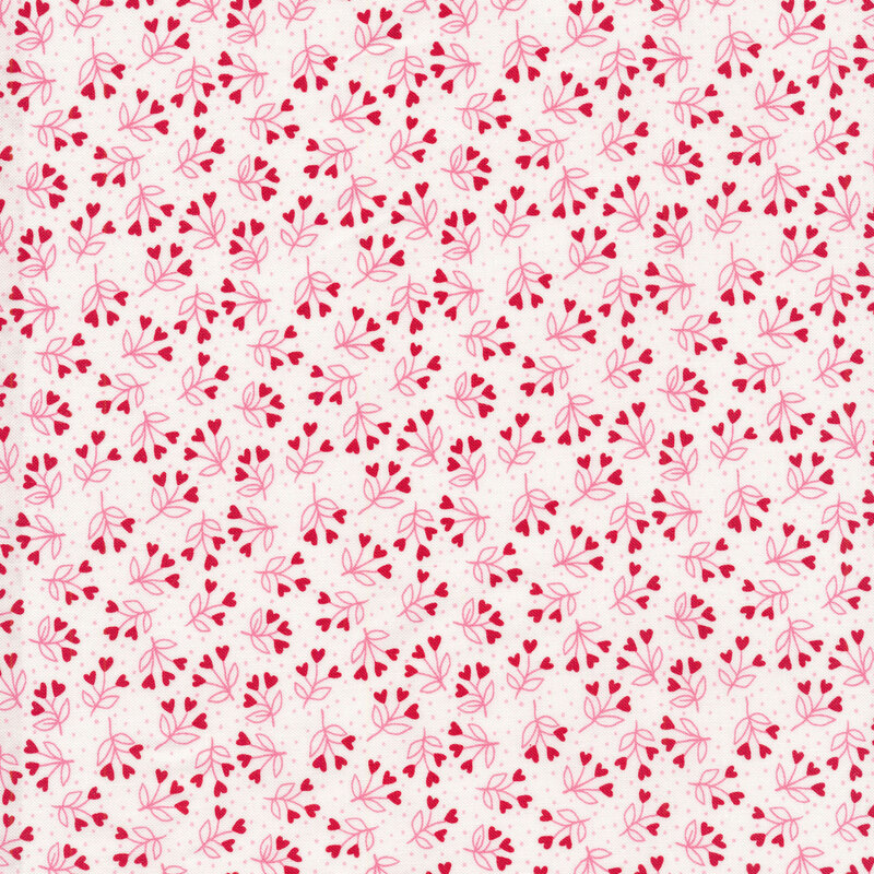 Fabric features red and pink illustrated heart florals and dots on cream | Shabby Fabrics