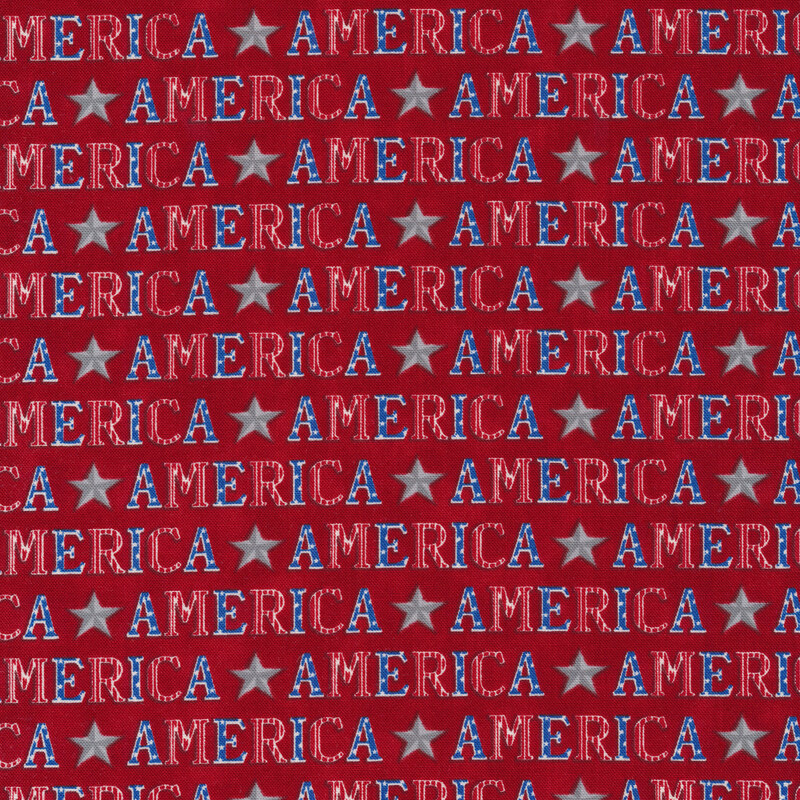 Fabric features patriotic star and America text repeating stripes on red background | Shabby Fabrics