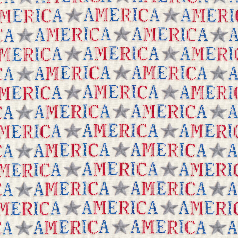 Fabric features patriotic star and America text repeating stripes on white | Shabby Fabrics