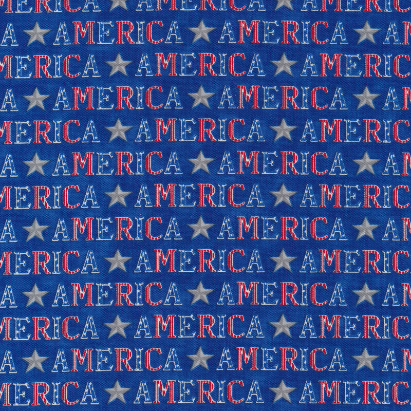 Fabric features patriotic star and America text repeating stripes on blue | Shabby Fabrics