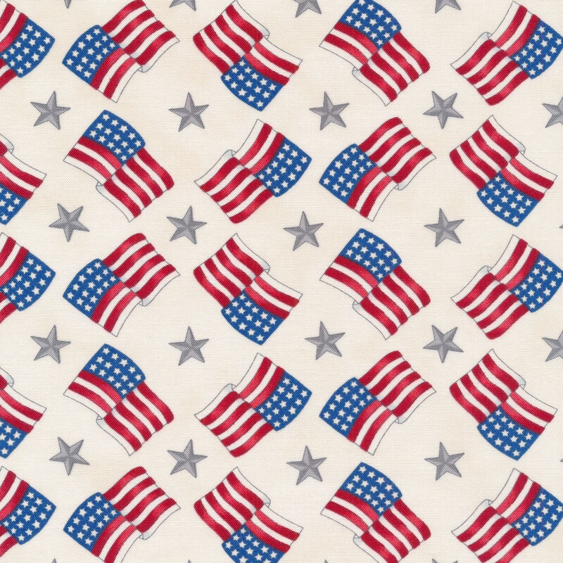 Fabric design features American flags and gray stars on a white background | Shabby Fabrics