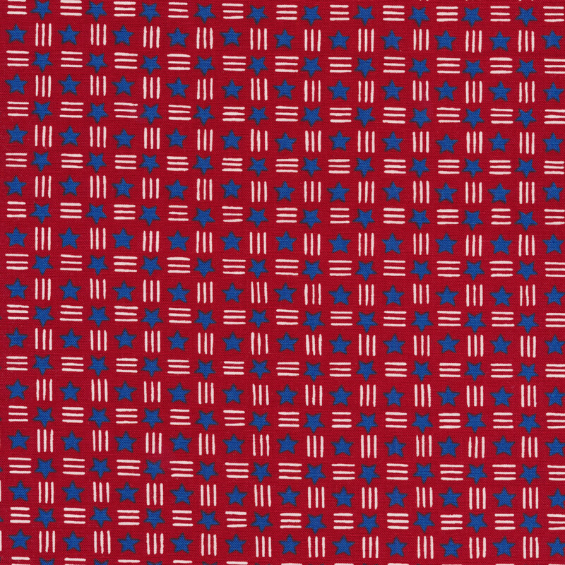 Fabric design features tiny blue stars and white dashed lines on red background | Shabby Fabrics