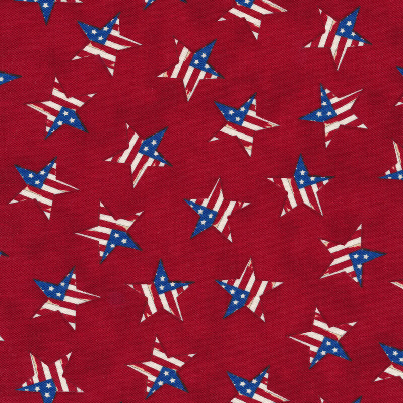 Fabric design is distressed American flag stars shapes on tonal red background | Shabby Fabrics