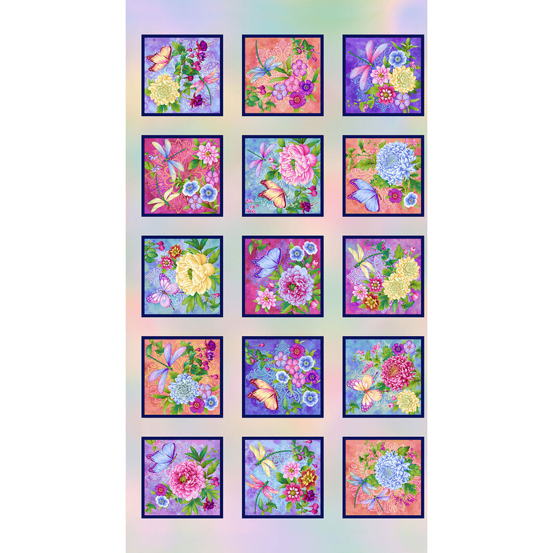 Pastel fabric panel features brightly colored garden blocks of flowers dragonflies and butterflies | Shabby Fabrics