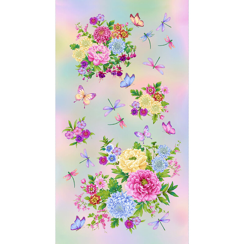 Pastel fabric panel features colorful flowers with dragonflies and butterflies | Shabby Fabrics