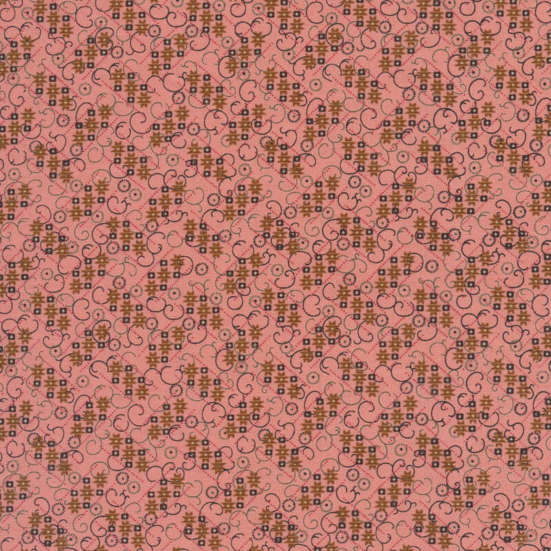 Pink fabric features tiny brown stars and dark swirls allover design | Shabby Fabrics
