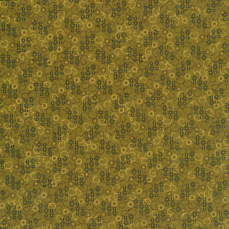 Green fabric features tiny tonal stars and dark swirls allover design | Shabby Fabrics
