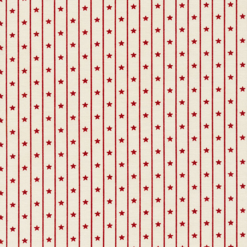 Fabric features rows of red star and pin stripes on cream background | Shabby Fabrics