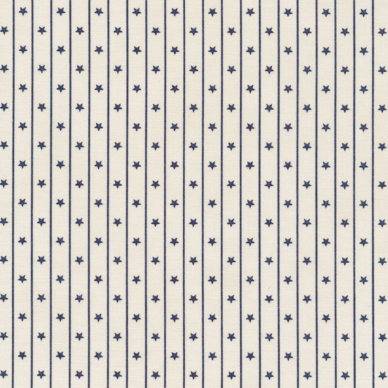 Fabric features rows of blue star and pin stripes on cream background | Shabby Fabrics