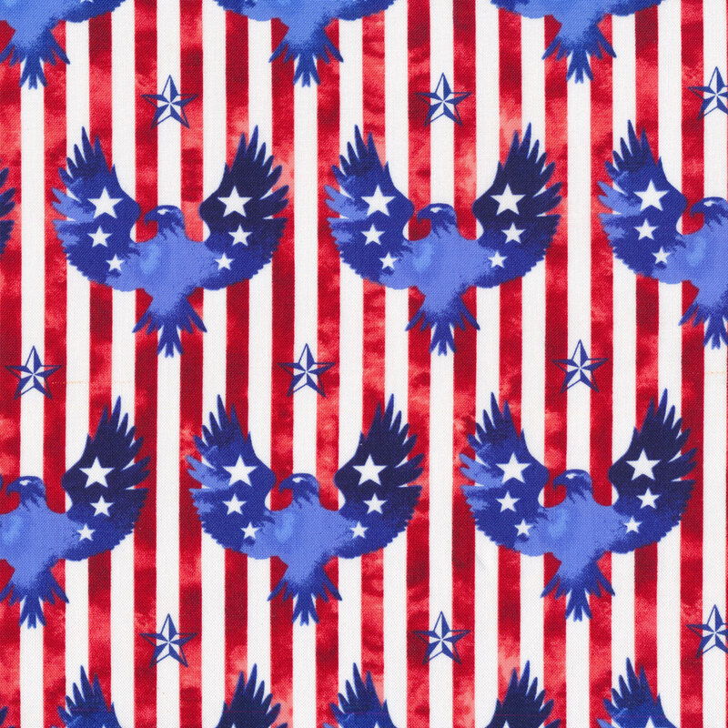 Blue eagles all over red and white stripes | Shabby Fabrics