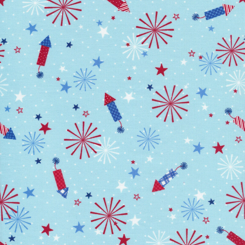 Stars and fireworks on light blue | Shabby Fabrics