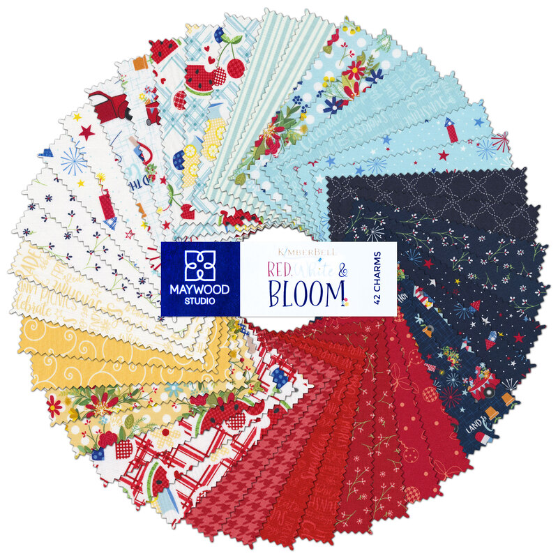 A collage of cute patriotic fabrics from the Red, White, and Bloom Maywood Charm Pack