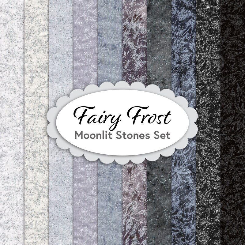 A collage of a Fairy Frost 10 FQ Set - Moonlit Stones, consisting of silvery glimmer fabrics