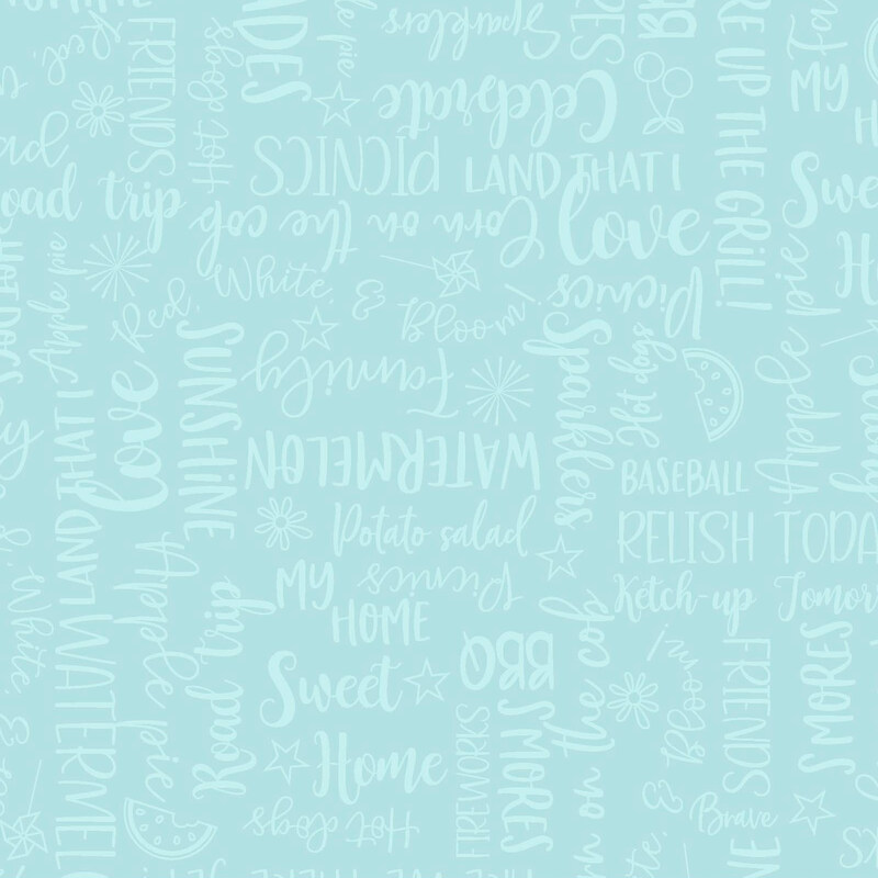 Tonal light teal words all over a teal background