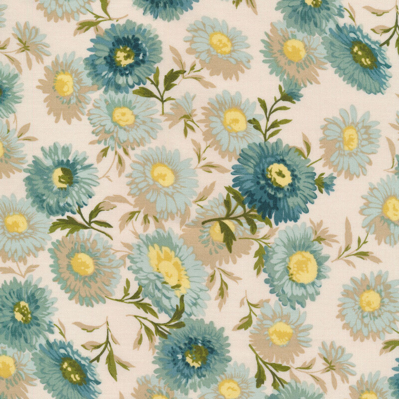 Teal flowers with green stems tossed on a beige background