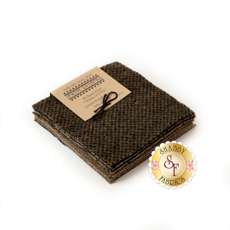 Taupe colored 5" wool squares stacked on a white background