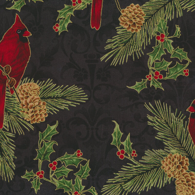 Cardinals perched on pine tree branches on a tonal black background | Shabby Fabrics