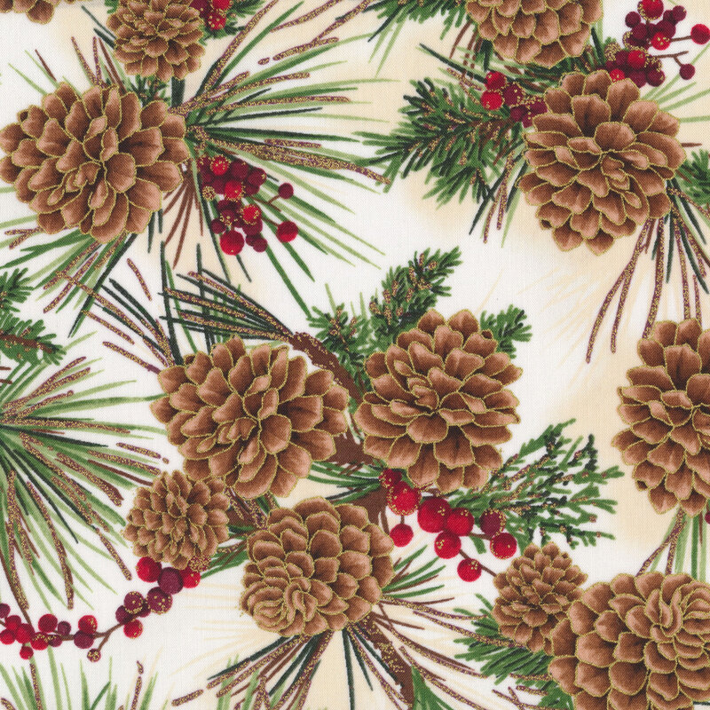 Pine cones and berries on a pine tree on white | Shabby Fabrics