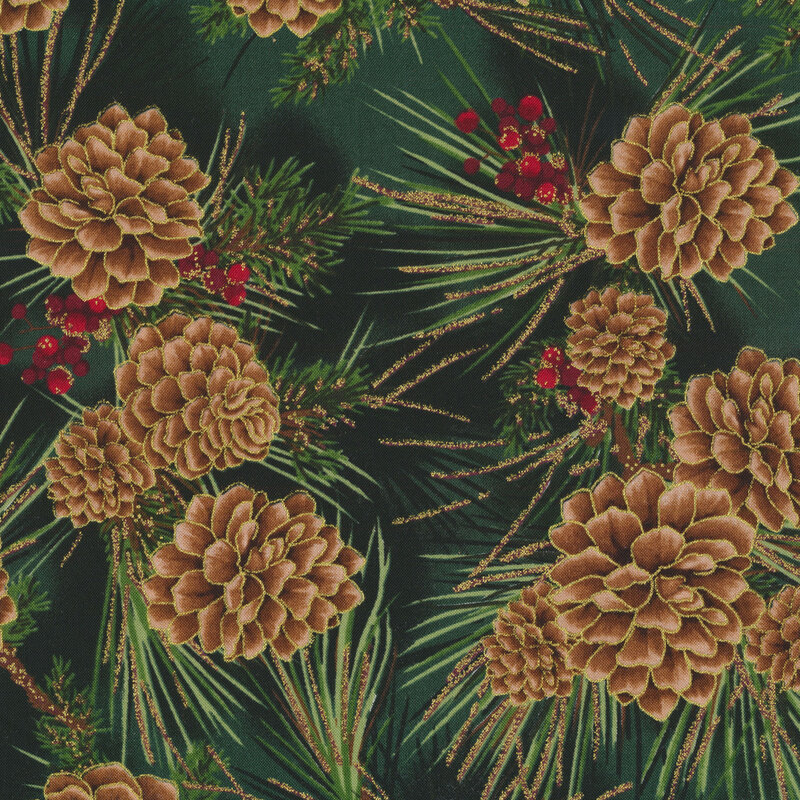 Pine cones and berries on a pine tree on green | Shabby Fabrics