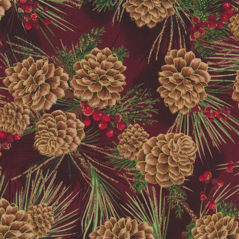 Pine cones and berries on a pine tree on red | Shabby Fabrics