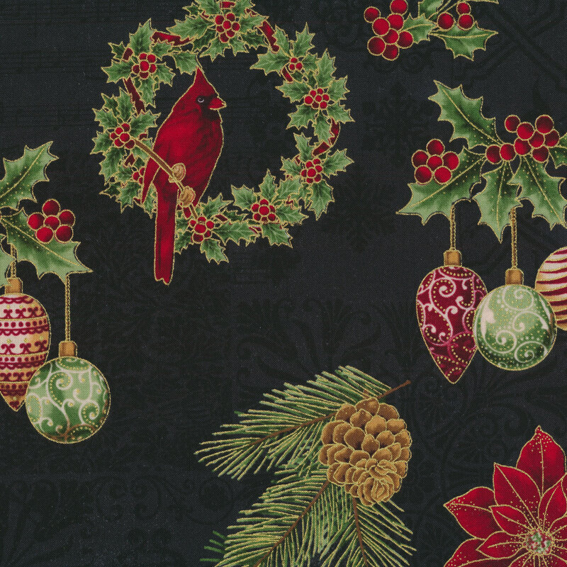 Poinsettias, wreaths, and ornaments all over tonal black background | Shabby Fabrics
