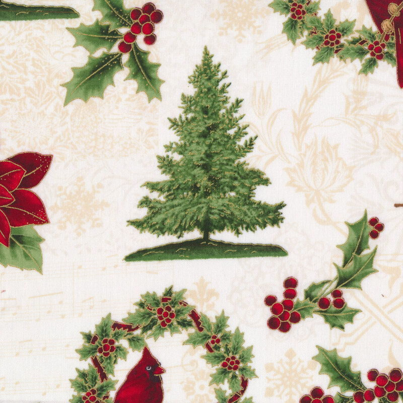 Poinsettias, wreaths, and ornaments all over tonal cream background | Shabby Fabrics