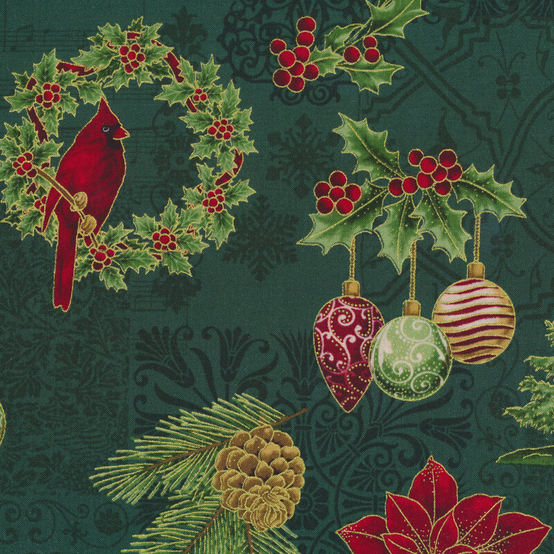 Poinsettias, wreaths, and ornaments all over tonal green background | Shabby Fabrics