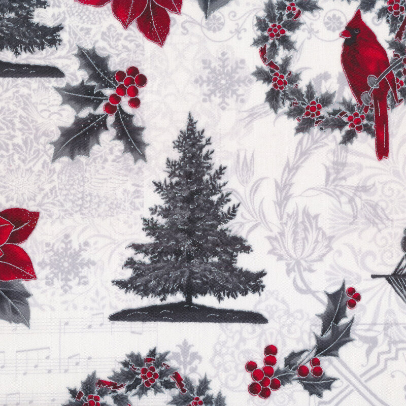Poinsettias, wreaths, and ornaments with red accents all over tonal white background