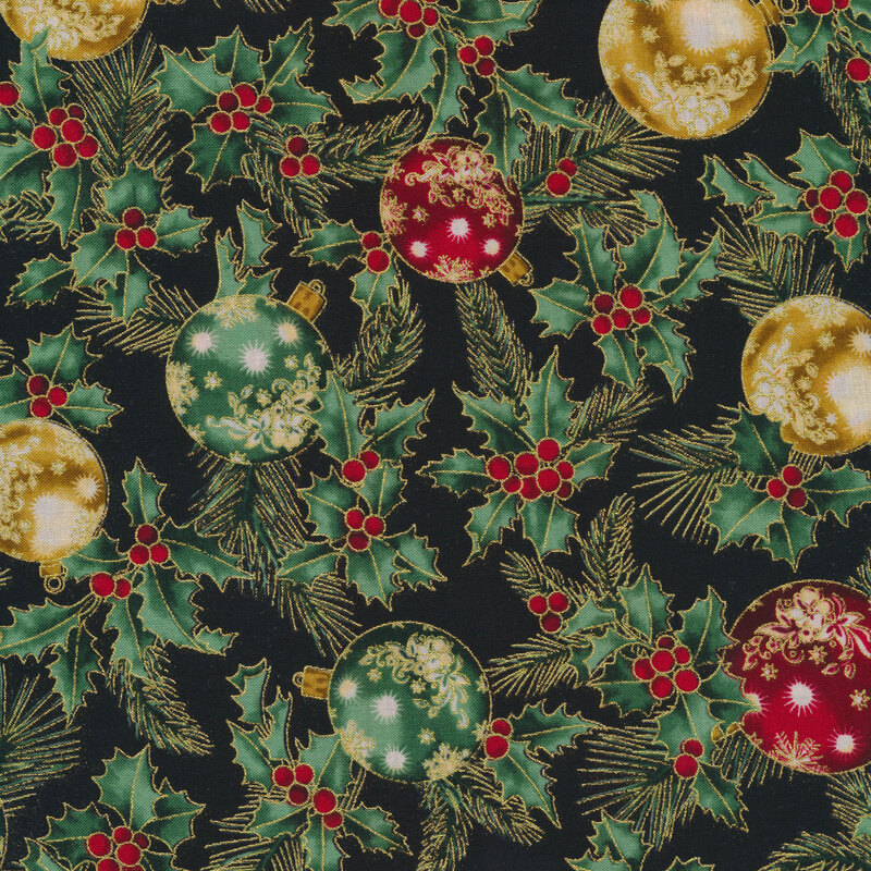 Ornaments and holly all over a black background | Shabby Fabrics