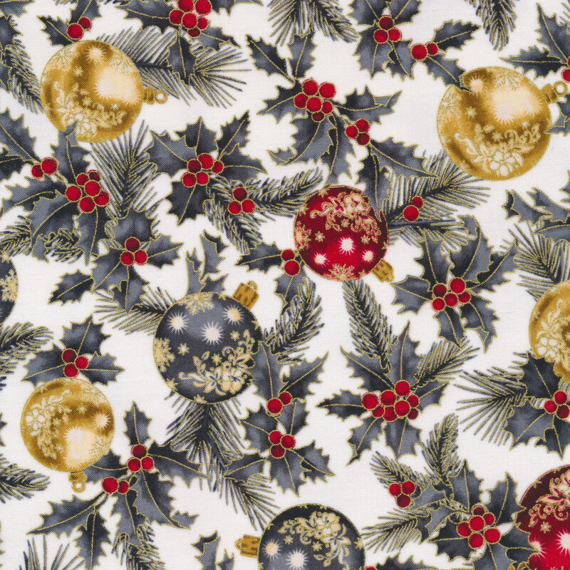 Gray ornaments and holly with gold and red accents | Shabby Fabrics