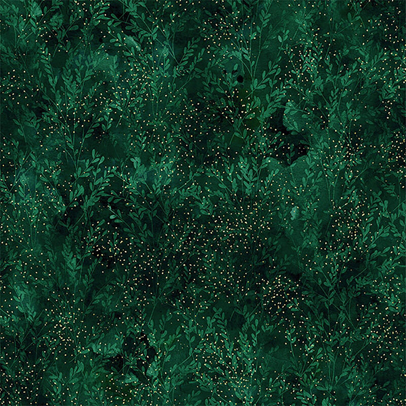 Fabric features tonal emerald green foliage with metallic accents | Shabby Fabrics