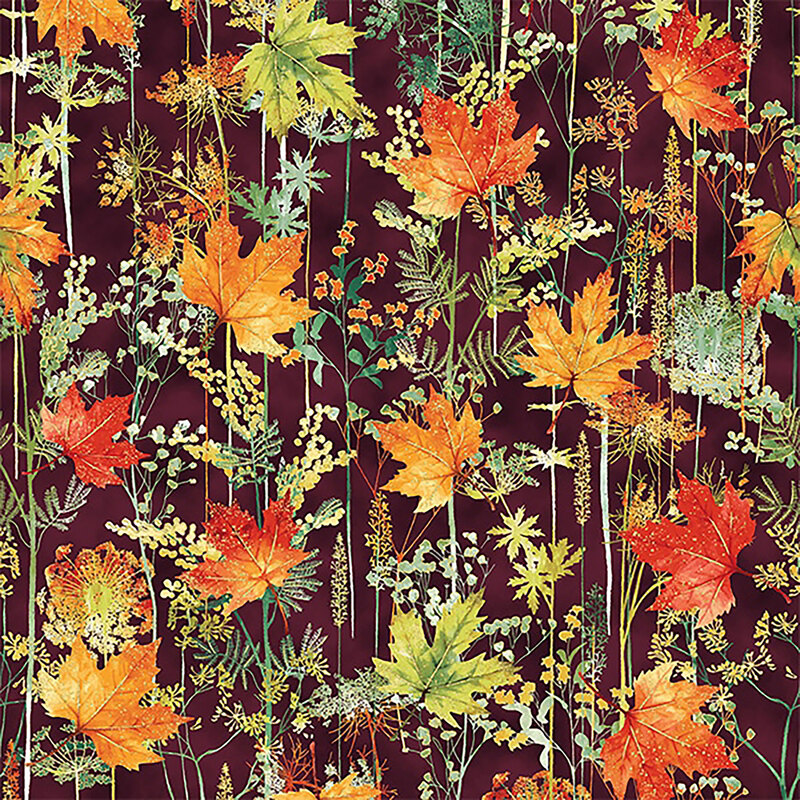 Fabric features must-colored fall foliage with and stems metallic accents on purple | Shabby Fabrics
