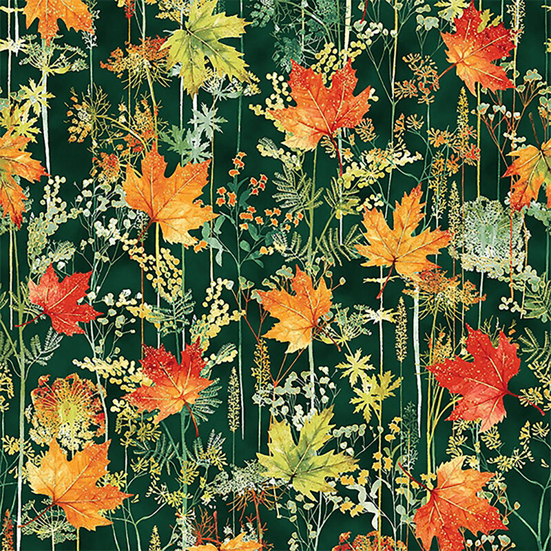 Fabric features must-colored fall foliage with and stems metallic accents on green | Shabby Fabrics