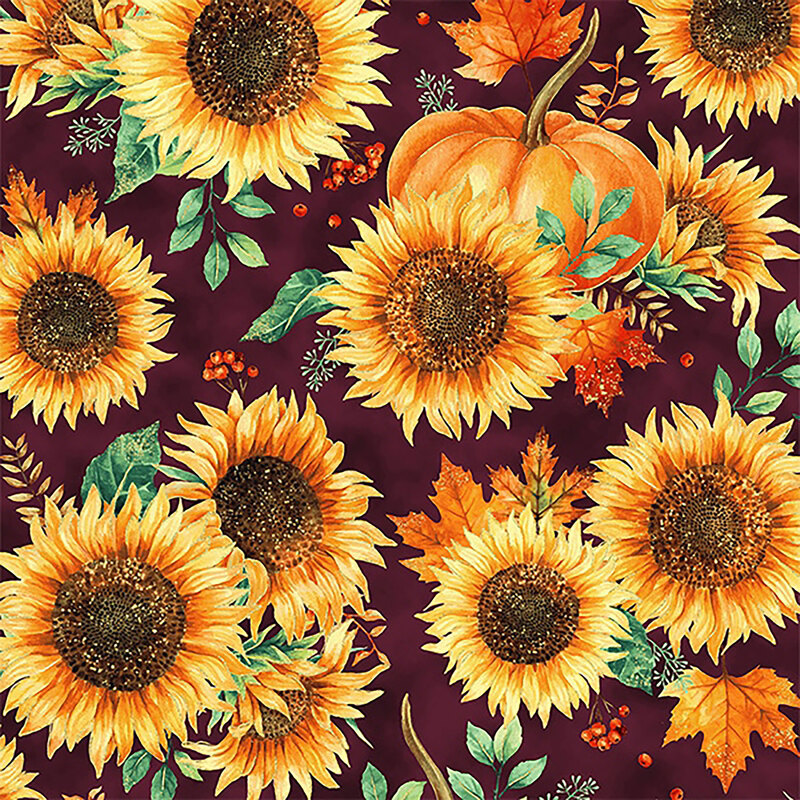 Fabric features fall sunflowers and pumpkins with metallic accents on purple | Shabby Fabrics