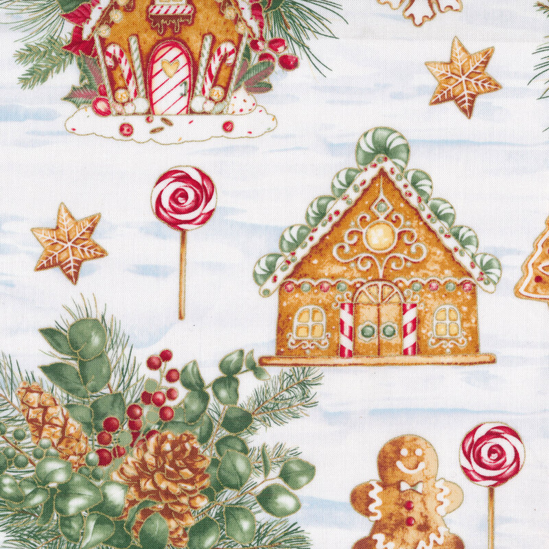 Snowy background fabric features fun gingerbread houses and candy | Shabby Fabrics