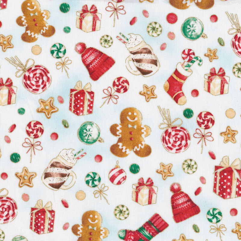 Mottled cream blue fabric features tossed metallic candies gingerbread cookies | Shabby Fabrics