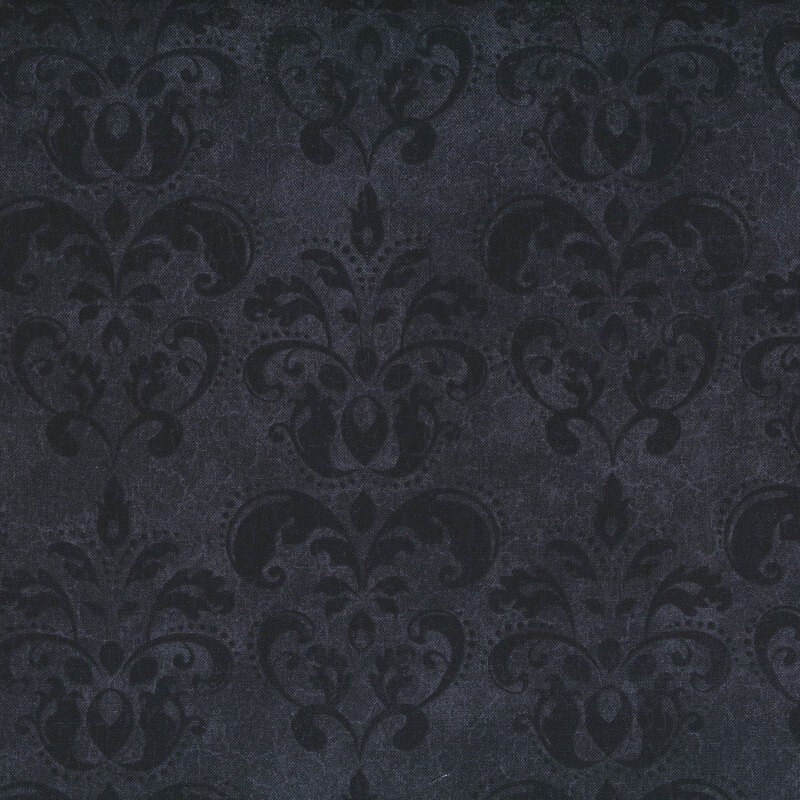 Fabric features tonal black damask style design | Shabby Fabrics