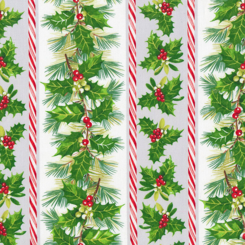 Stripe with holly and candy cane print | Shabby Fabrics