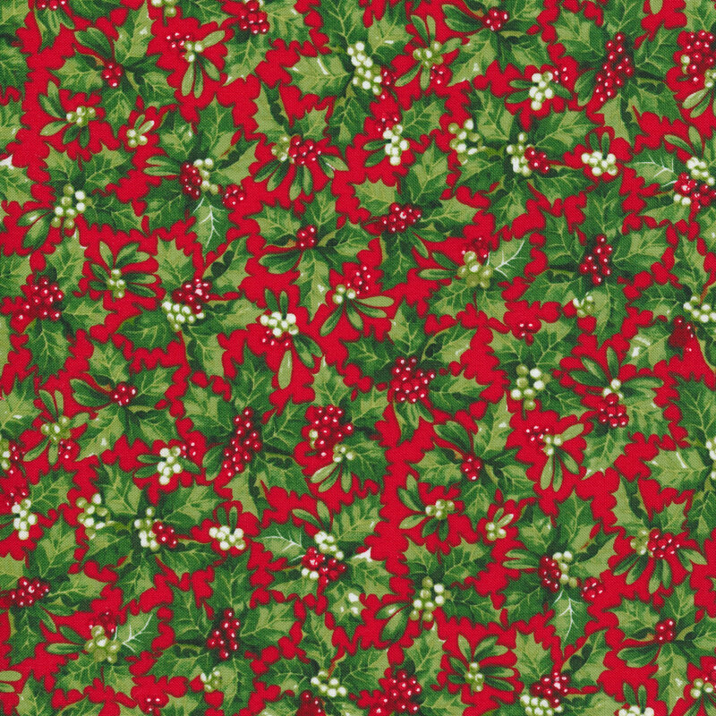 Clusters of holly all over red | Shabby Fabrics