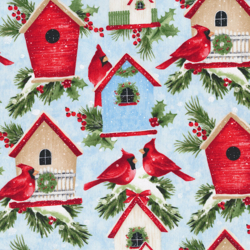Red, tan, and blue birdhouses on blue | Shabby Fabrics