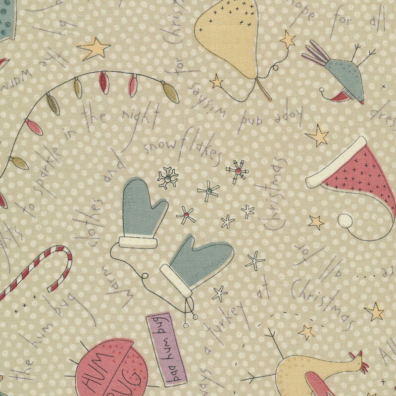 Festive tossed Christmas decor all over a sage green background with dots all over