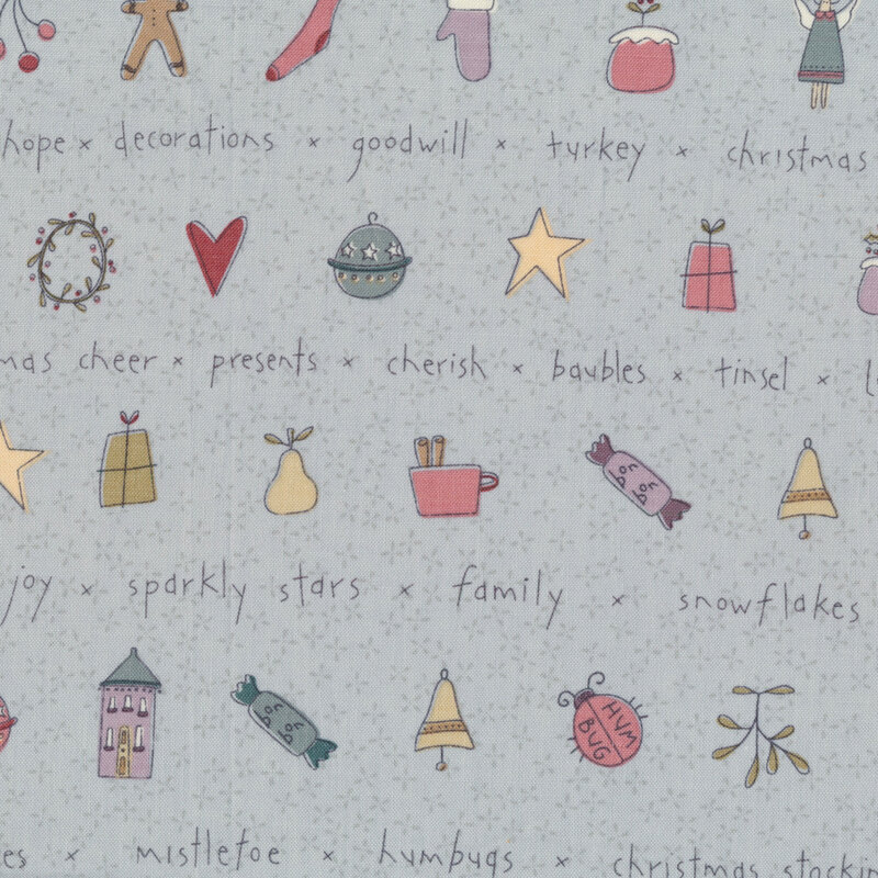 Tiny primitive Christmas words & illustrations in lines on blue fabric | Shabby Fabrics