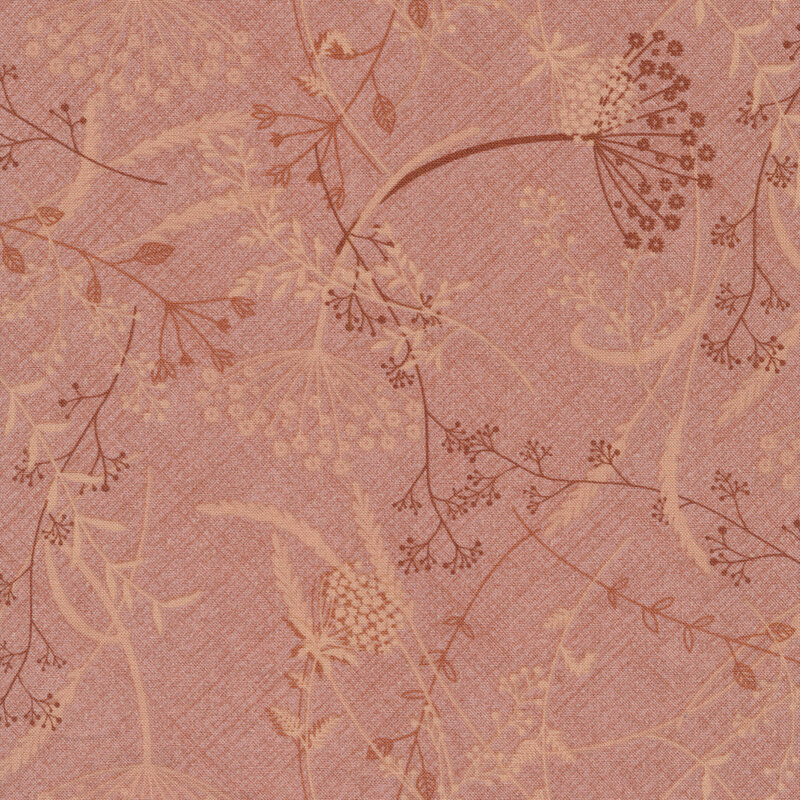 Fabric features cream dark pink dandelions and wheat tossed on textured light rose | Shabby Fabrics