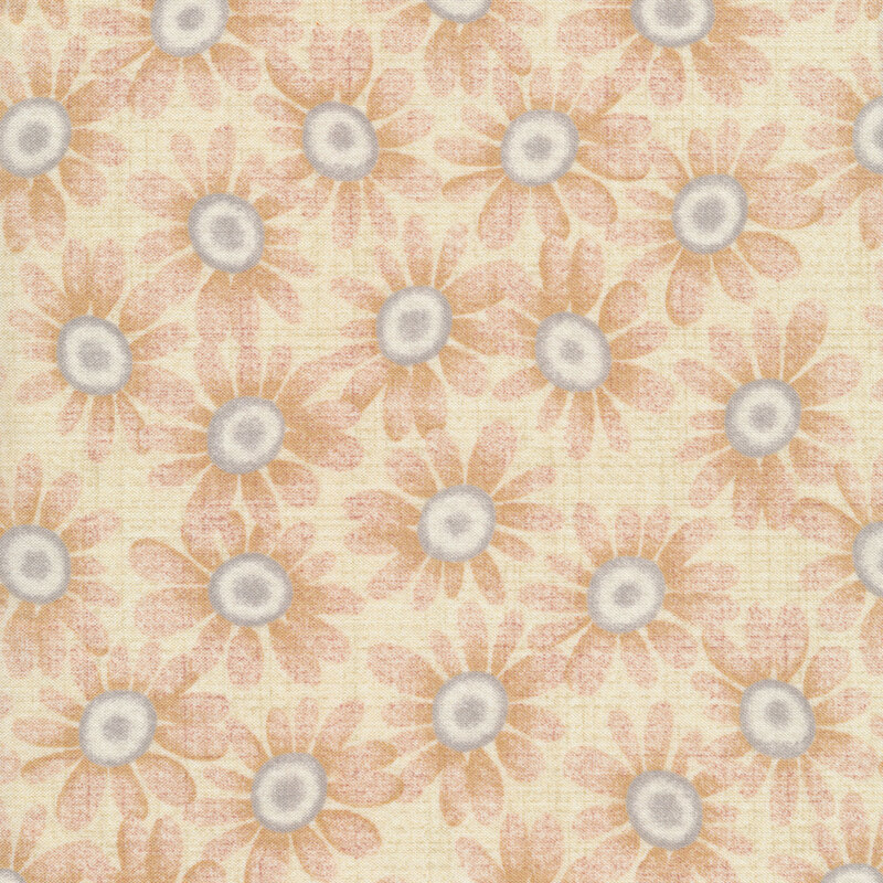 Fabric features distressed illustrated blue and tan sunflowers allover cream | Shabby Fabrics