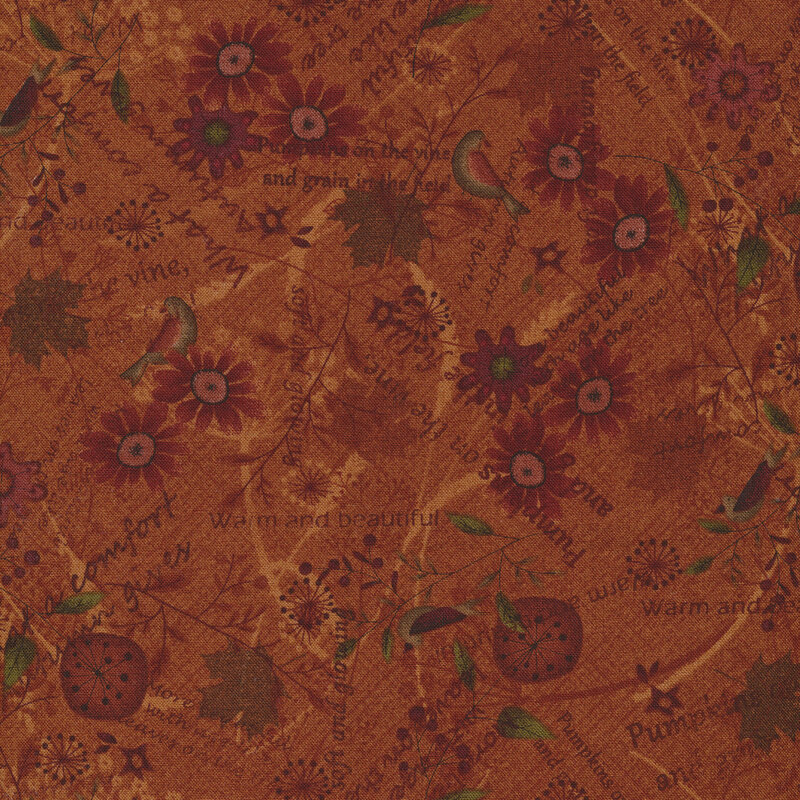 Fabric features packed birds flowers and autumn conversational print on dark orange | Shabby Fabrics