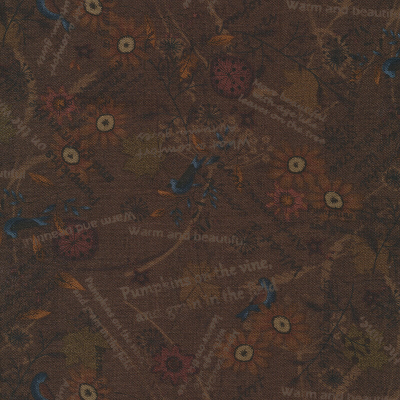 Fabric features packed birds flowers and autumn conversational print on dark brown | Shabby Fabrics