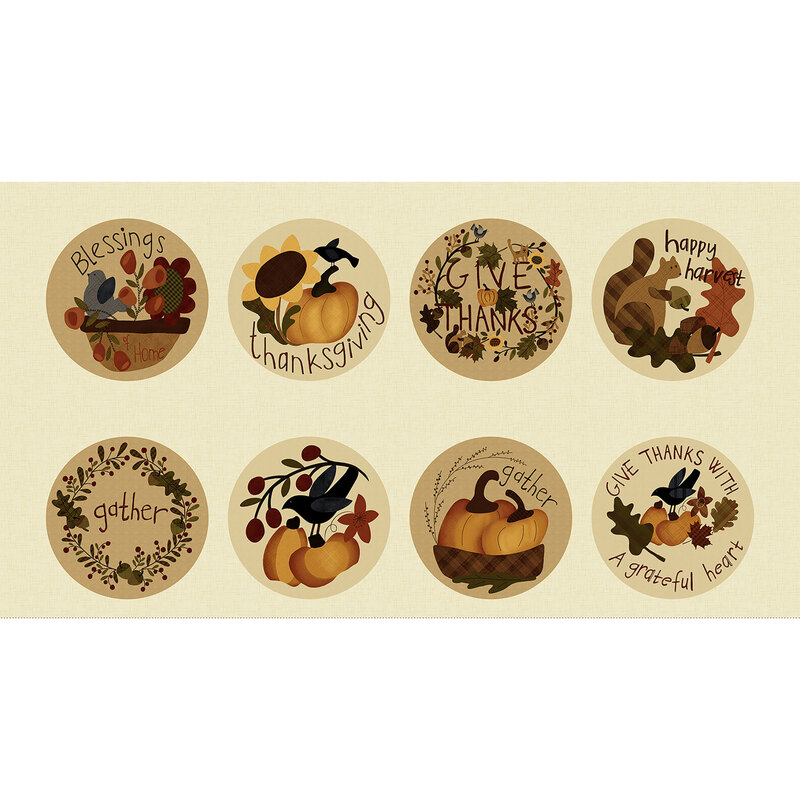 Autumn panel featuring 8 circles with cute autumn scenes on a cream background